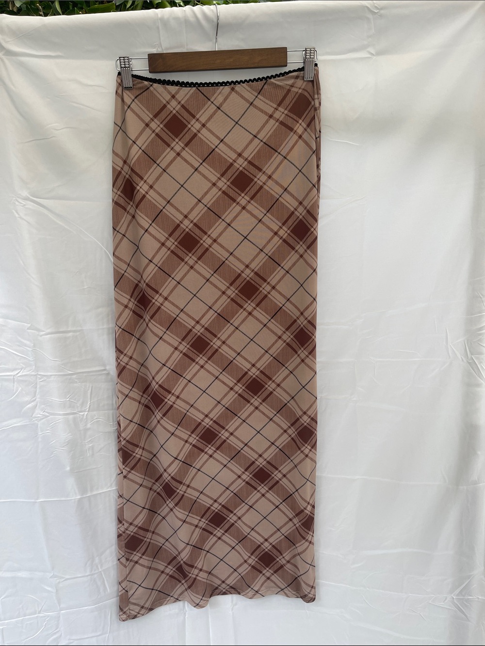 12th Tribe Plaid Maxi Slip Skirt in Beige and Brown